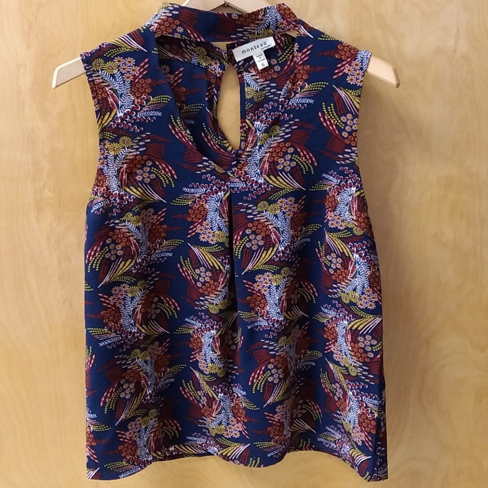 Monteau Women's blue floral design choker tank top